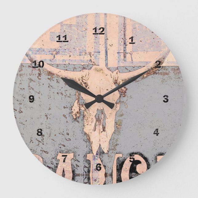 Relógio Grande Vintage Rustic Bull Skull Cinza Beige Western (Frente)