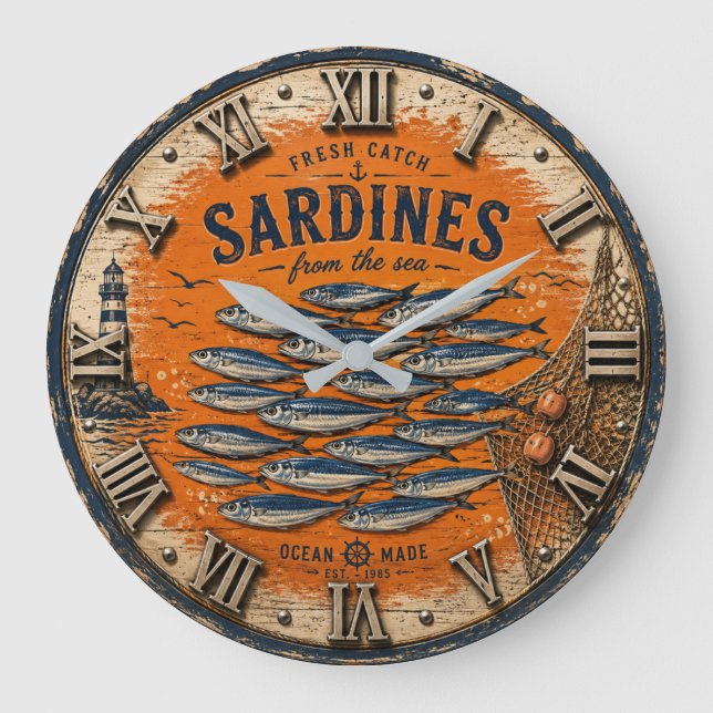 Relógio Grande Vintage Sardines  Coastal Nautical Kitchen (Frente)