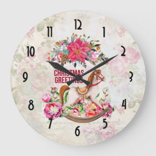 Relógio Grande Vintage Toy Rocking Horse & Poinsettias