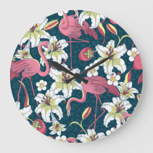 Relógio Grande Vintage Tropical Flamingoes Lily Padrão