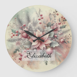Relógio Grande Vintage Watercolor Christmas Floral and Ornaments