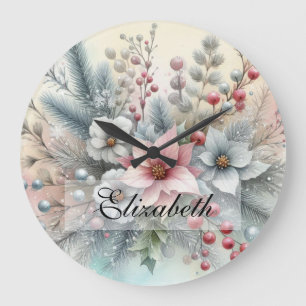 Relógio Grande Vintage Watercolor Christmas Floral and Ornaments