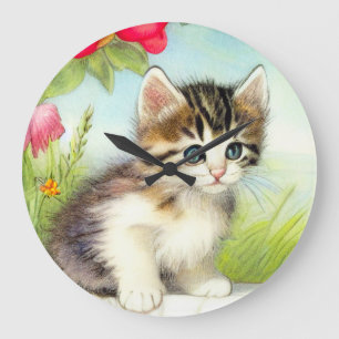 Relógio Grande Vintage White e Brown Kitten com Flores