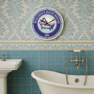 Relógio Grande Vintage Woodcut Sinal Bath House