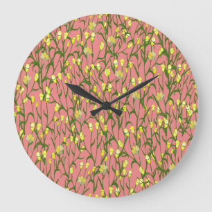 Relógio Grande Vintagem de Fundo Cor-de-Rosa das Flores Amarelas