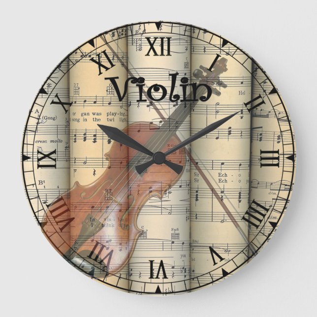 Relógio Grande Violin Transparente ~ Vintage Sheet Music ~ (Frente)