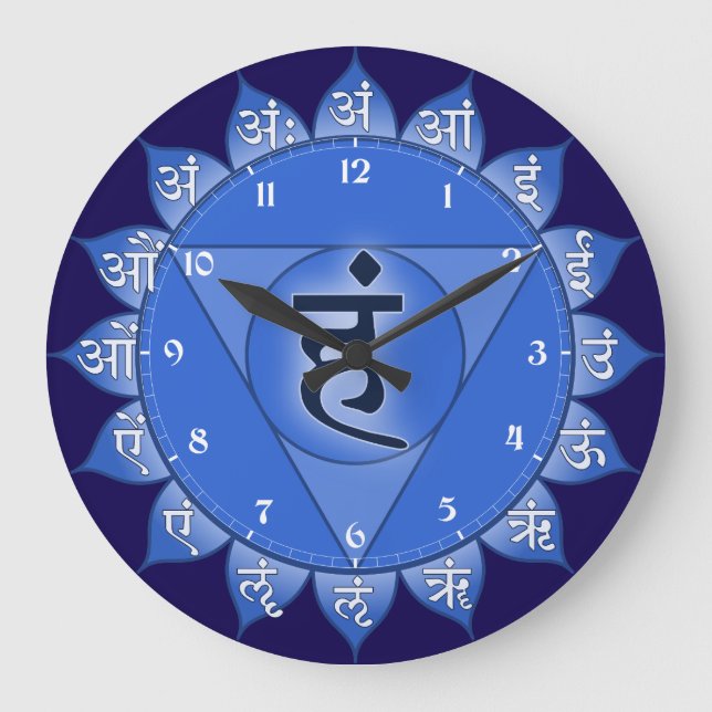 Relógio Grande Vishuddha Chakra Blue Petals & Sanskrit Vogels (Frente)