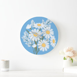Relógio Grande Visitas Brancas Florais Elegantes em Azul