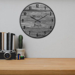Relógio Grande Vista Personalizável de Barnwood Cinza Escuro