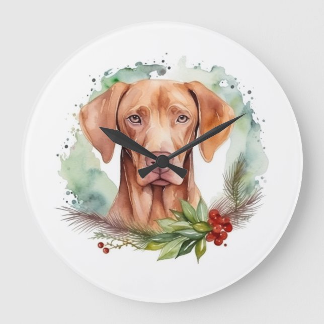 Relógio Grande Vizsla Christmas Wreath Festivo Pup (Frente)