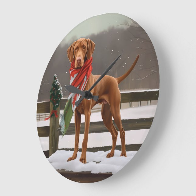 Relógio Grande Vizsla Dog no Natal da Neve (Ângulo)