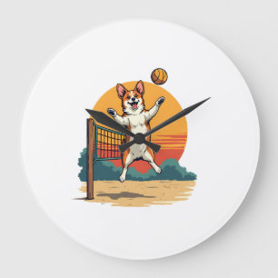 Relógio Grande Volei Corgi Vintage Ilustração Vetorial Pôr do Sol