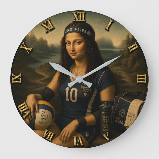 Relógio Grande Volleyball Funny Mona Lisa  (Frente)