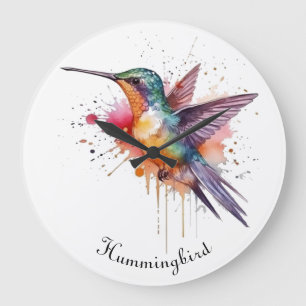 Relógio Grande Voo Colorido, beija-flor aquarela personalizado
