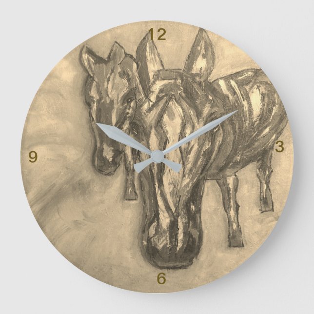 Relógio Grande Wall Clock Horses in Sepia (Frente)