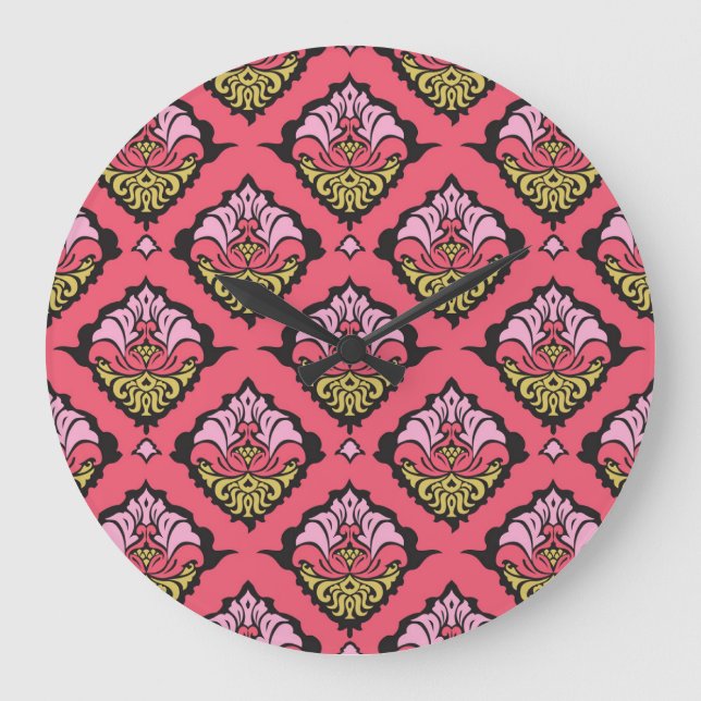 Relógio Grande Wallpaper Oriental Damask Floral Sem Costura (Frente)