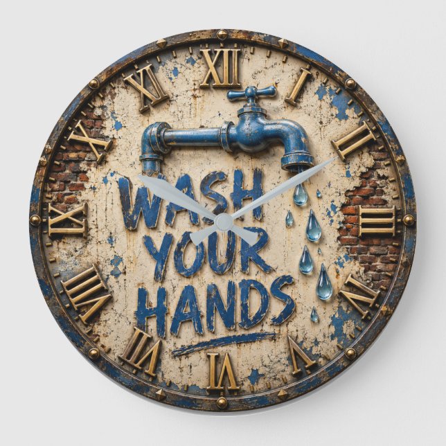 Relógio Grande Wash Your Hands Bathroom Rustic Farmhouse  (Frente)