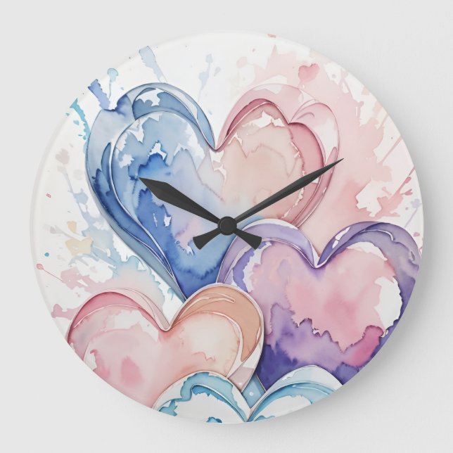 Relógio Grande Water Colour Painted Hearts (Frente)