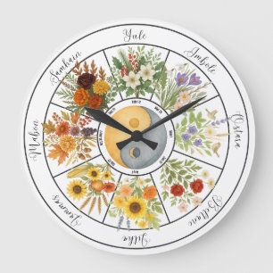 Relógio Grande Watercolor Floral Wheel do Ano Pagan Wicca