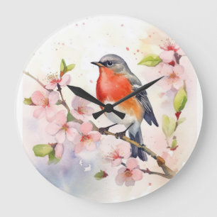 Relógio Grande Watercolor Robin no Ramal do Flor de Cereja da Pri