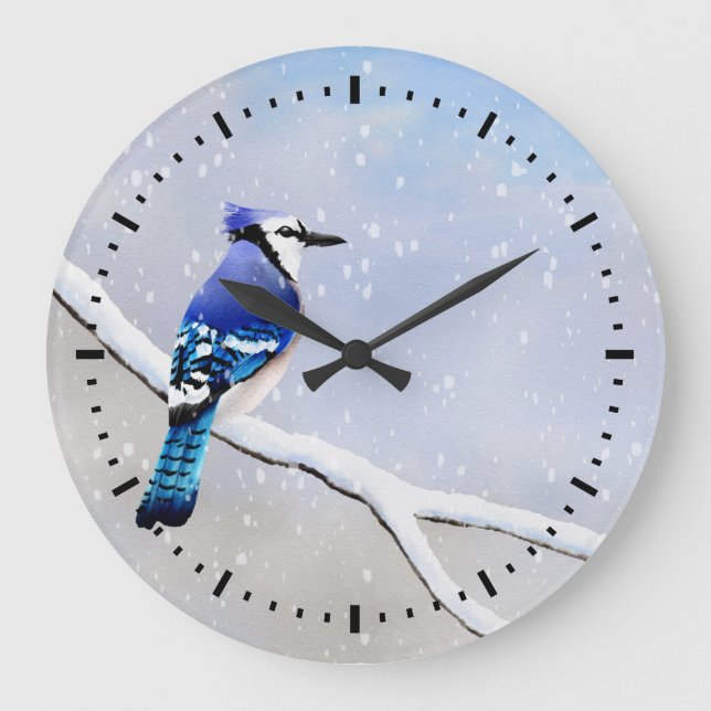 Relógio Grande Watercolor Winter Snow Bird Blue Jay (Frente)