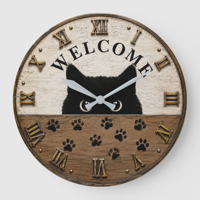 Relógio Grande Welcome Black Cat Cute Peeking Kitty Rustic Farmho (Frente)