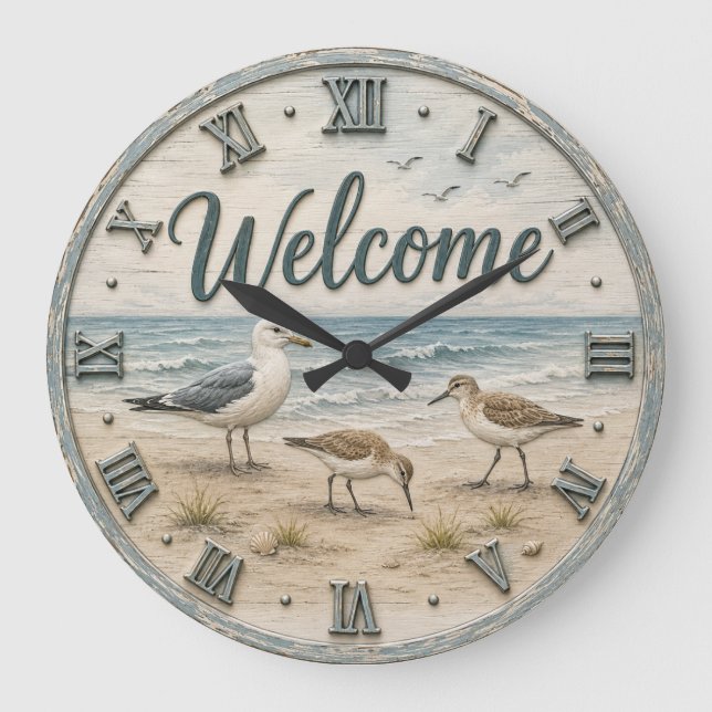 Relógio Grande Welcome Coastal Seabirds Rustic Beach House  (Frente)