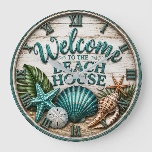 Relógio Grande Welcome to the Beach House Rustic Sea shell Beach  (Frente)