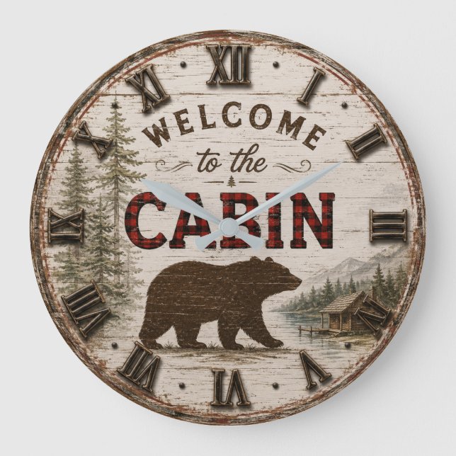 Relógio Grande Welcome to the Cabin Rustic Bear Buffalo Plaid (Frente)