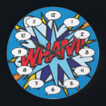 Relógio Grande WHAM Diversão Retro Quadrinhos Pop Art<br><div class="desc">Relógios pop de quadrinhos de super-herói modernos e divertidos que certamente adicionarão um toque de cor a vários ambientes em sua casa ou escritório. Uma maneira ideal de presentear a si mesmo ou a alguém que você conhece com esses relógios de designer exclusivos e legais da Comic Con. Por que...</div>