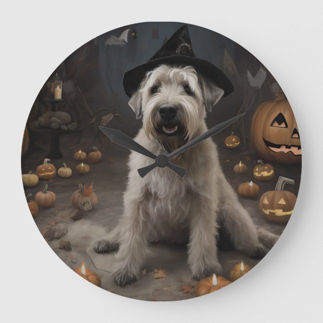 Relógio Grande Wheaten Terrier Pumpkins Halloween Assustado (Frente)