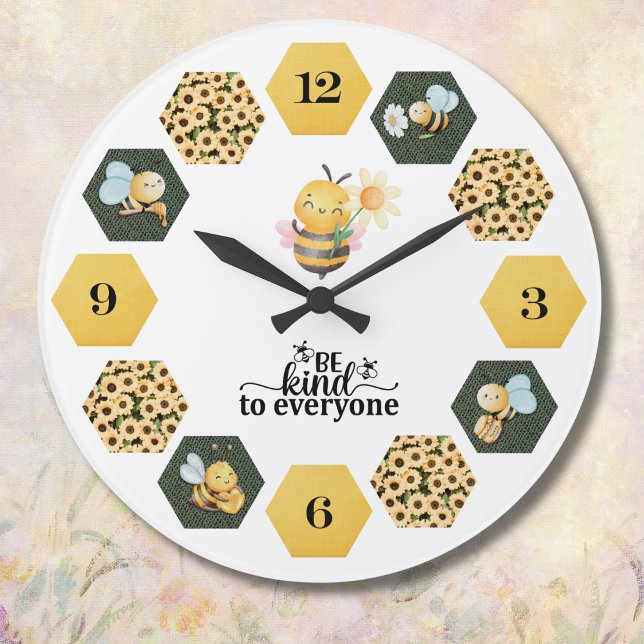 Relógio Grande Whimsical Bee Sunflower and Honeycomb (Bring a touch of charm and kindness to your home with a bee-themed wall clock)
