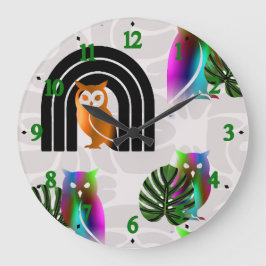 Relógio Grande Whimsical Boho Owl & Tropical Monstera Leaf
