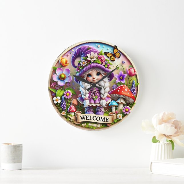 Relógio Grande Whimsical Gnome Welcome Clock: Floral Fantasy (Lar)
