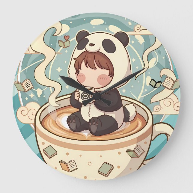 Relógio Grande Whimsical Panda Coffee Decorative Wall Clock (Frente)