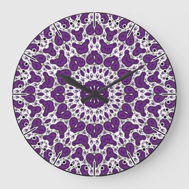 Relógio Grande White e Purple Paisley, Caleidoscope Boho (Frente)
