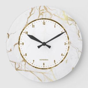 Relógio Grande White Marble Print With Gold Crackles