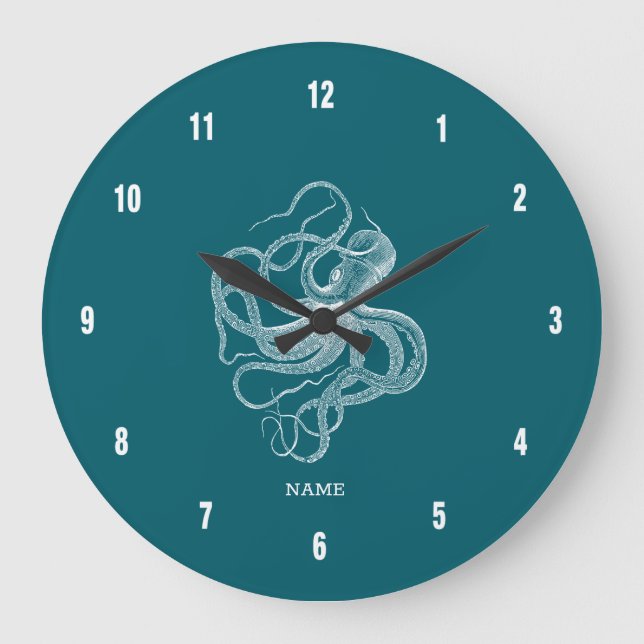 Relógio Grande White octopus on custom turquoise background monog (Frente)