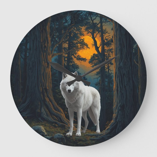 Relógio Grande Wild White Wolf Under Moonlight Forest Animal (Frente)