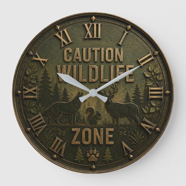 Relógio Grande Wildlife Zone  Rustic Forest Animal Cabin Decor (Frente)