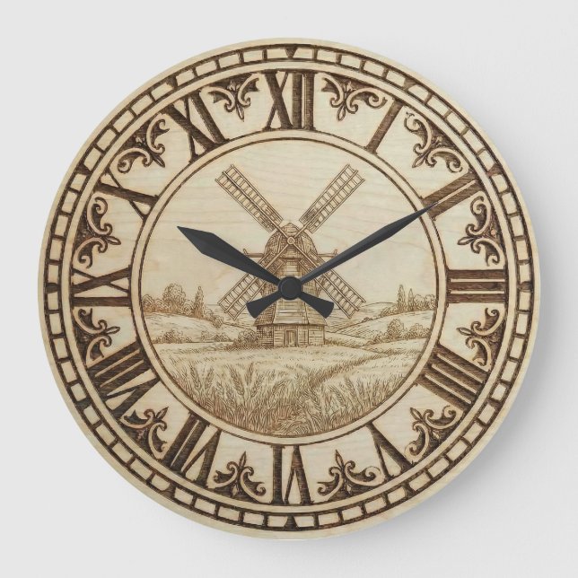 Relógio Grande Windmill Wall Clock – Rustic Wood-Burned Style (Frente)