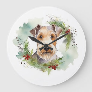 Relógio Grande Wirefox Terrier Wreath de Natal Festivo Pup