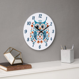 Relógio Grande Wise Blue Owl Scandinavian Folk Art