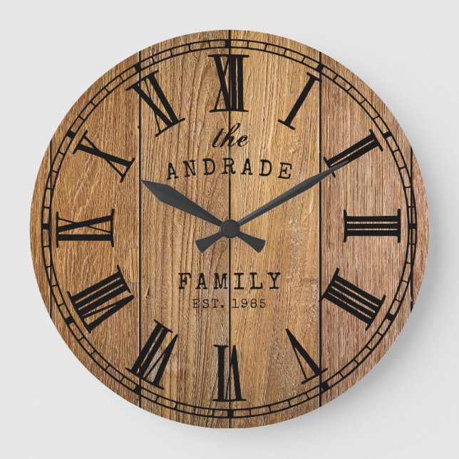 Relógio Grande Wood Barn Rustic Family Name Farmhouse Year Wooden (Frente)