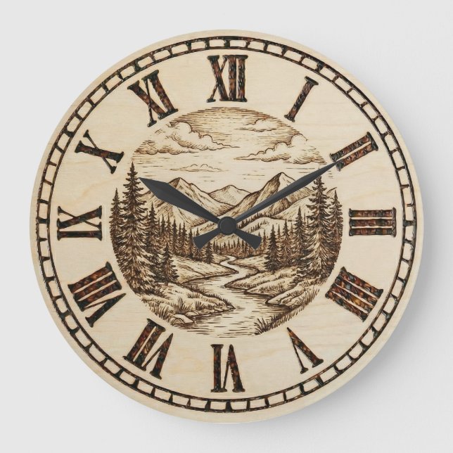 Relógio Grande Wood Engraved Mountain River Wall Clock (Frente)