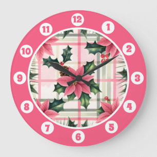 Relógio Grande Xadrez Floral de Natal Rosa Rosa Feliz Natal Feliz
