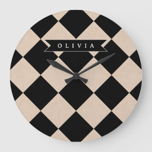 Relógio Grande Xadrez Preto Personalizado de Diamante Harlequim