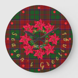 Relógio Grande Xadrez Vermelha Tartan Poinsettia Natal