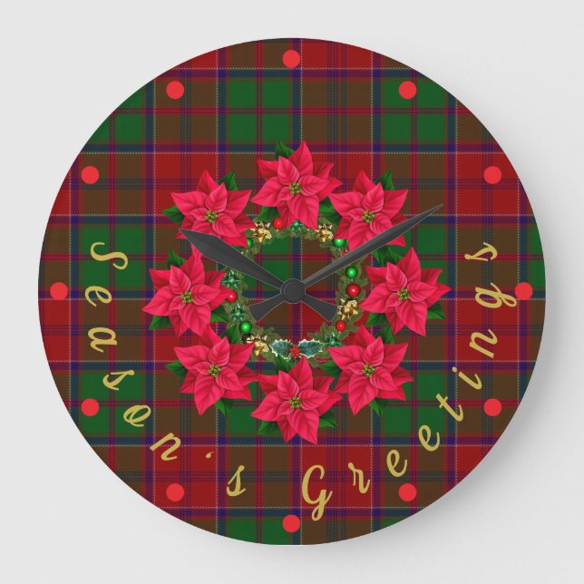 Relógio Grande Xadrez Vermelha Tartan Poinsettia Natal (Frente)