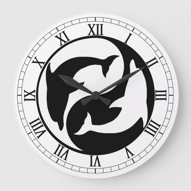 Relógio Grande Yin Yang Dolphins Round Roman Numerals Clock (Frente)